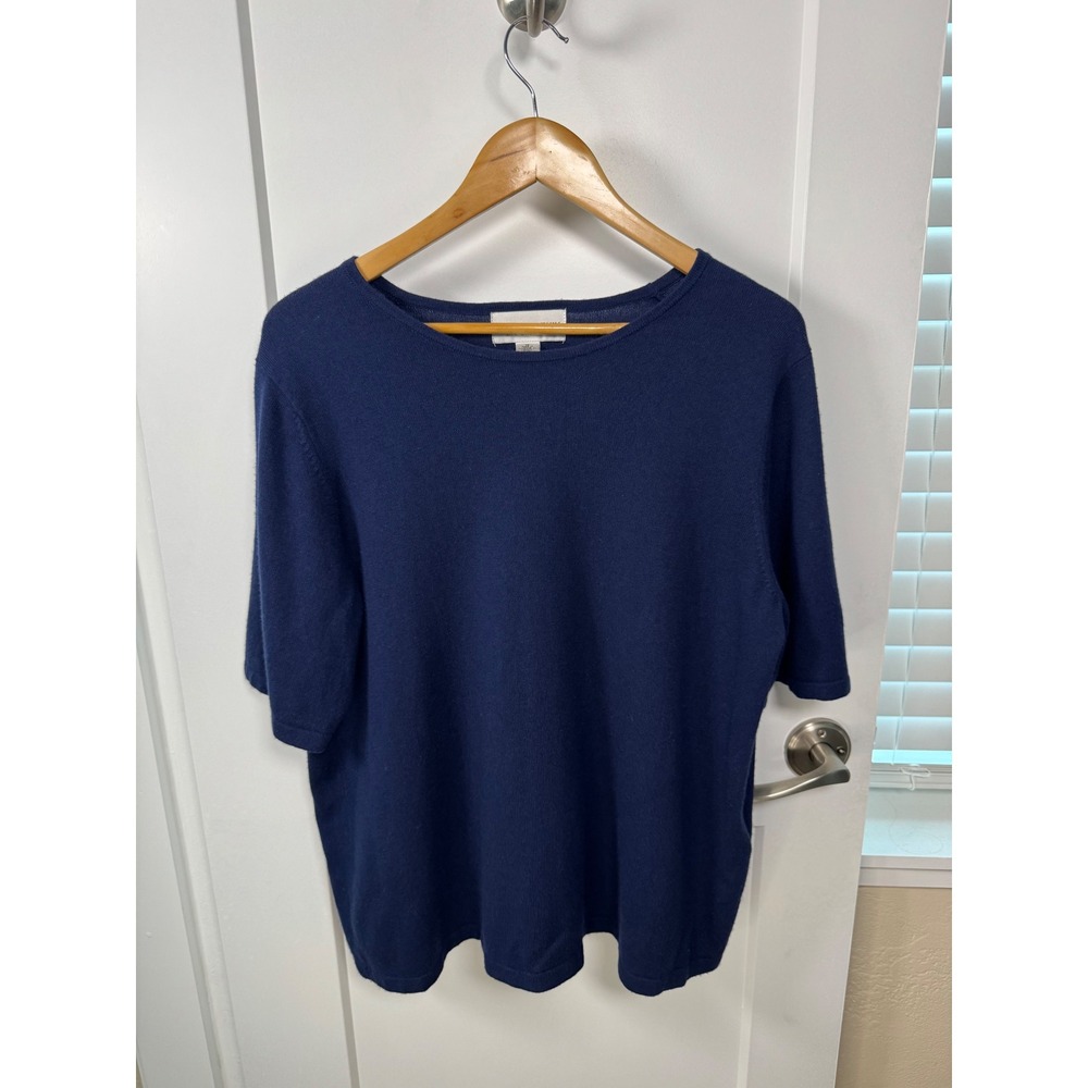 August Max Woman Silk Cashmere Sweater Navy Blue Short Sleeve Knit Top 1X